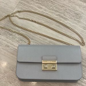 Furla designer gray clutch with gold chain strap